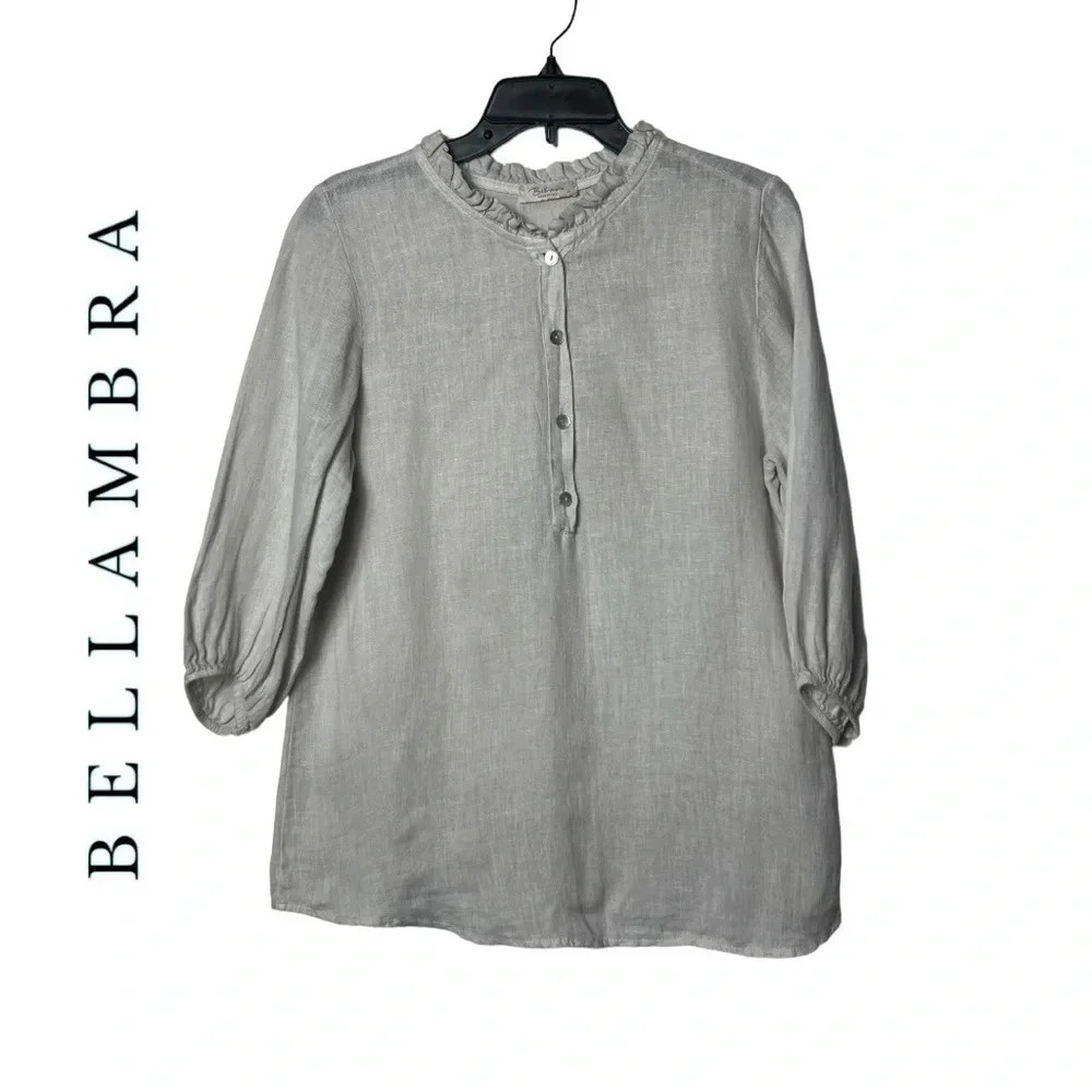 1729. BELLAMBRA 3/4 SLEEVE 1/2 BUTTON DOWN LINEN TOP‎ SIZE SMALL BEIGE IN COLOR